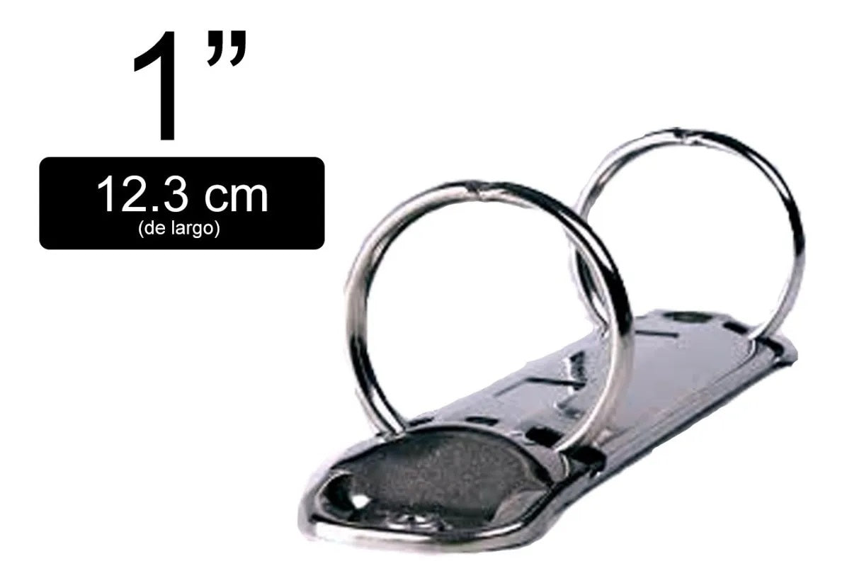 Herraje tamaño especial de dos argollas circulares con diámetro de 1 pulgada y separación de 8 cm. Acabado níquel plateado, base de 17 mm angosta y capacidad para 200 hojas. Empaque de 20 piezas Herraje tamaño especial de dos argollas circulares con diámetro de 1 pulgada y separación de 8 cm. Acabado níquel plateado, base de 17 mm angosta y capacidad para 200 hojas. Empaque de 20 piezas